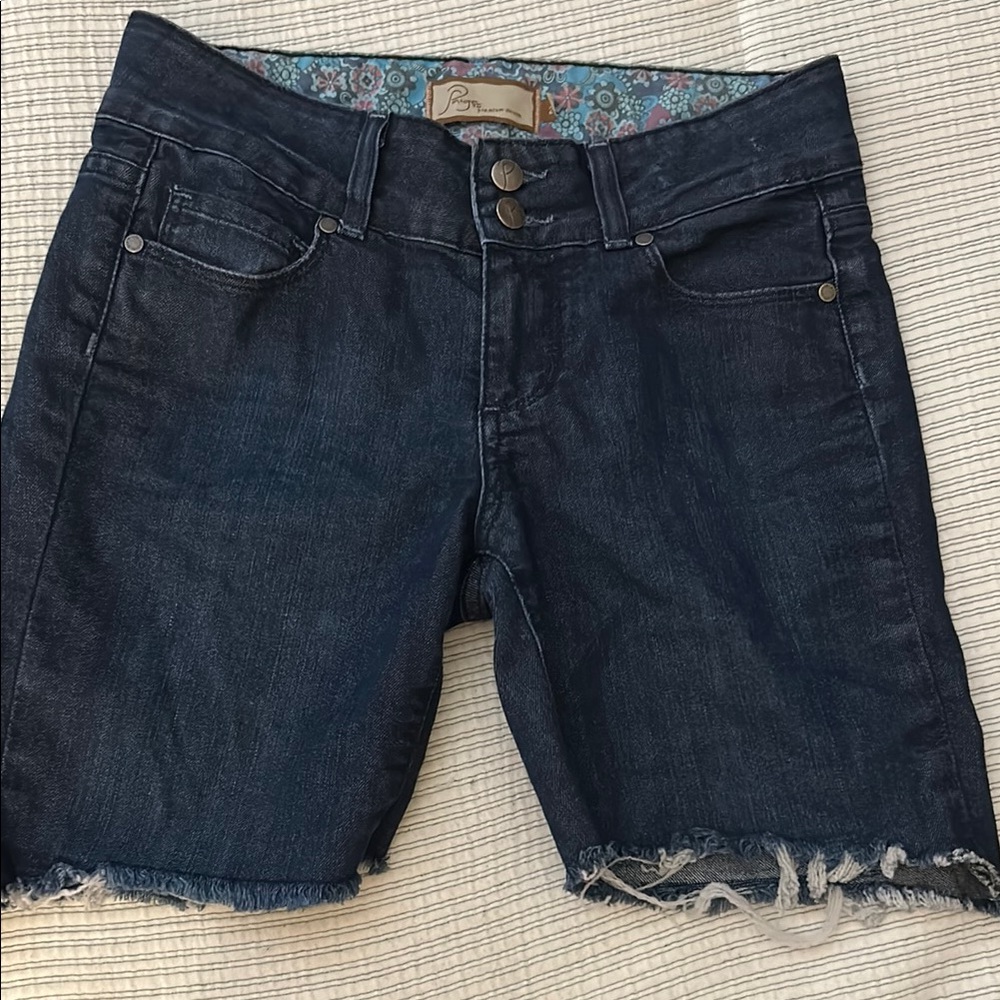 PAIGE Blue Distressed Jean Shorts
